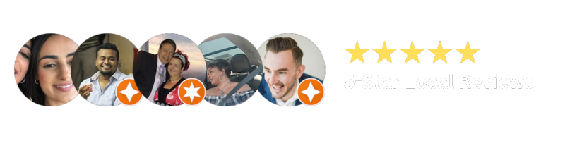 Customer review showing multiple faces in circles, with 5 yellow stars.