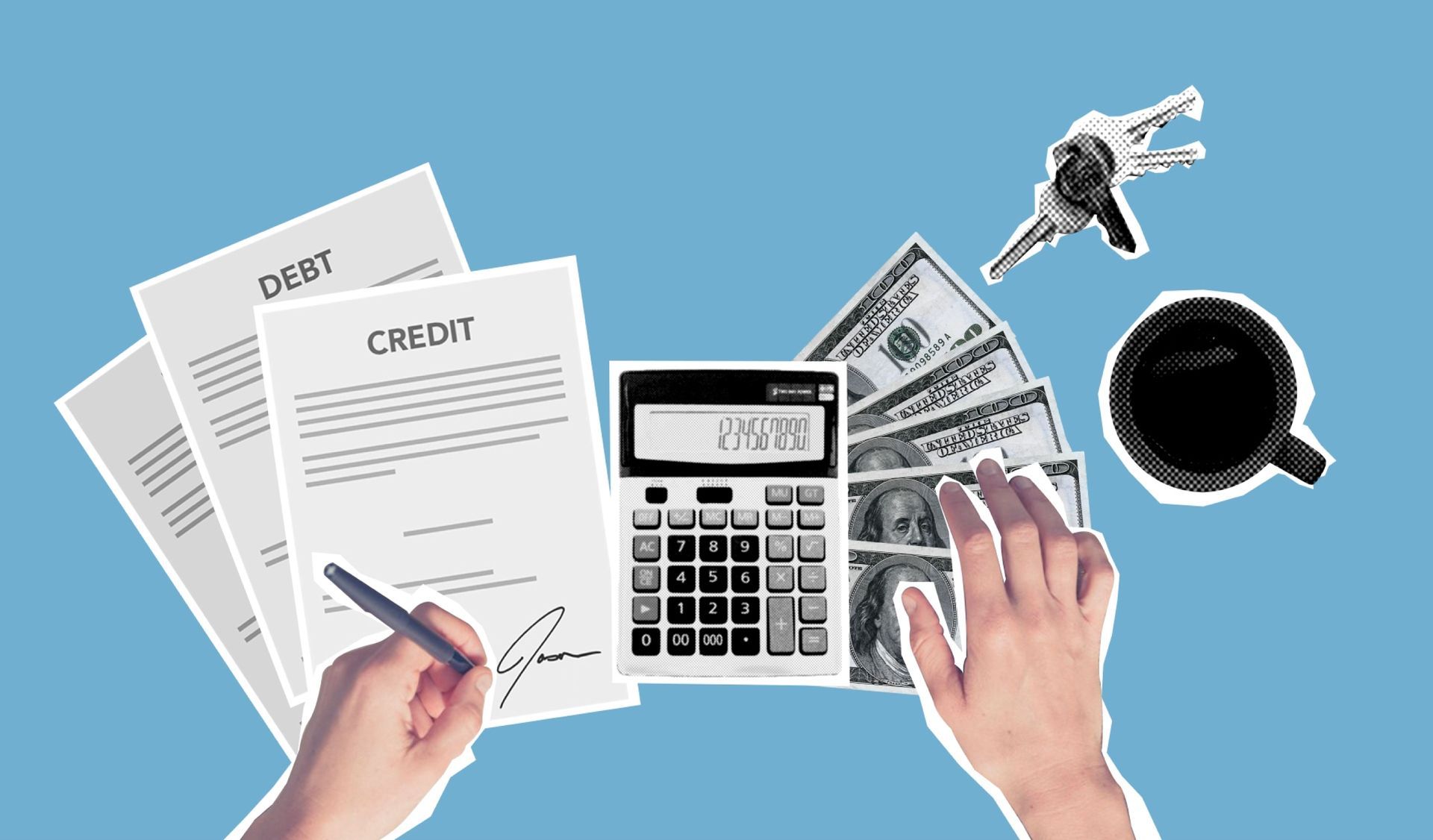 Hands with calculator and bills beside credit documents, keys, and coffee on a blue background