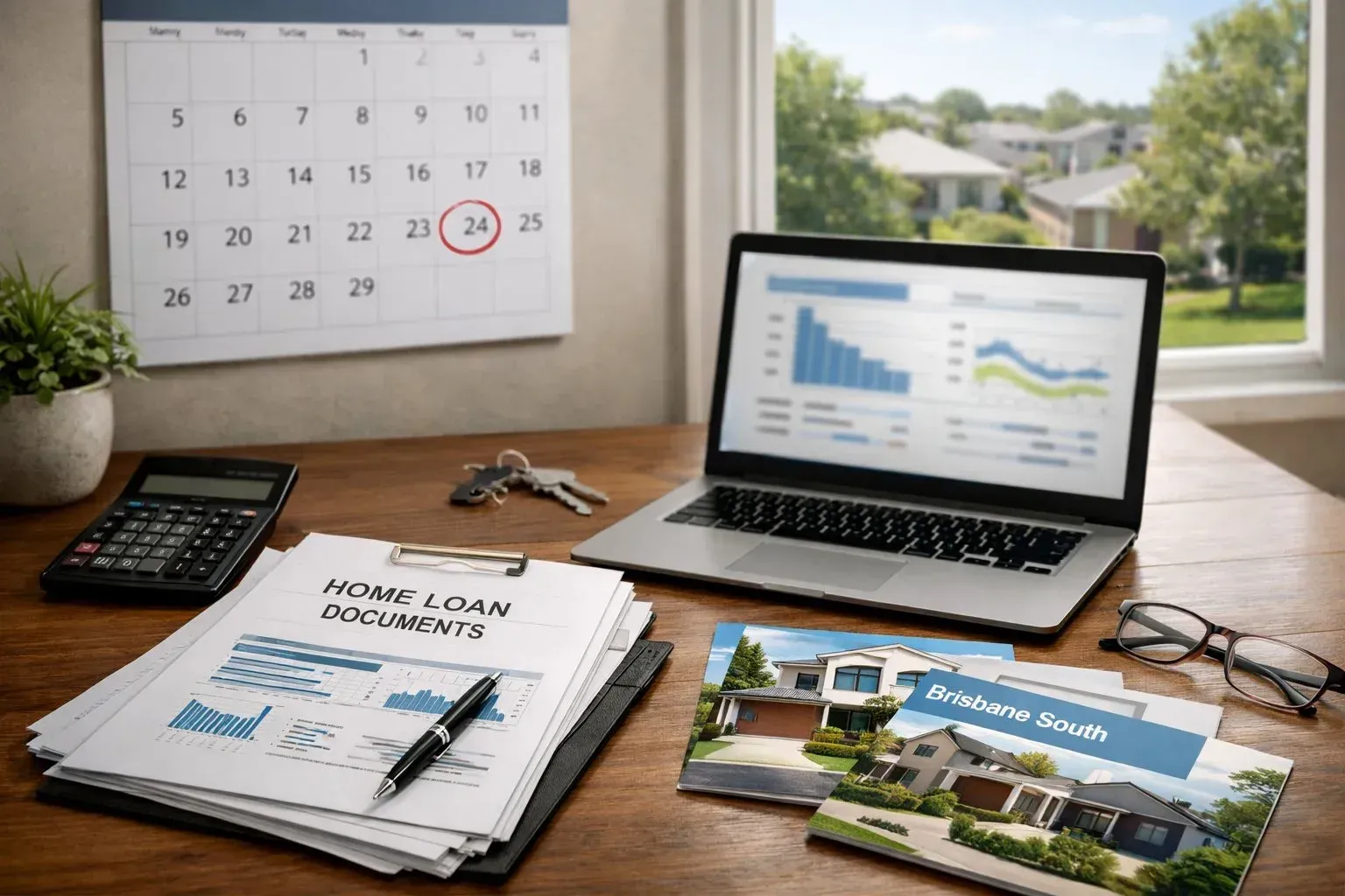 Desk with loan papers and laptop charts planning refinancing after fixed rate ends in Brisbane South