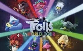 a poster for the movie trolls world tour with a bunch of trolls on it .