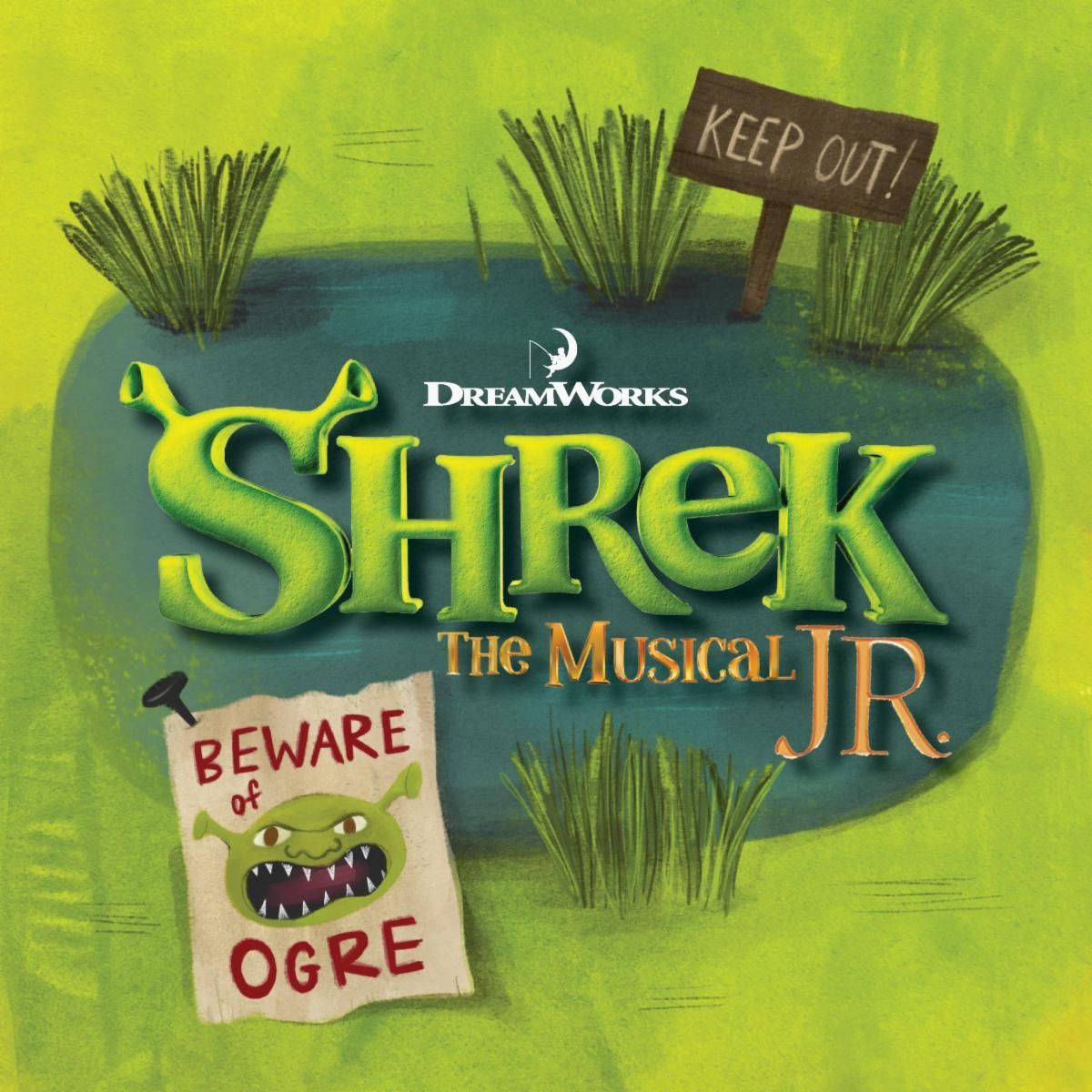 a poster for shrek the musical jr. by dreamworks