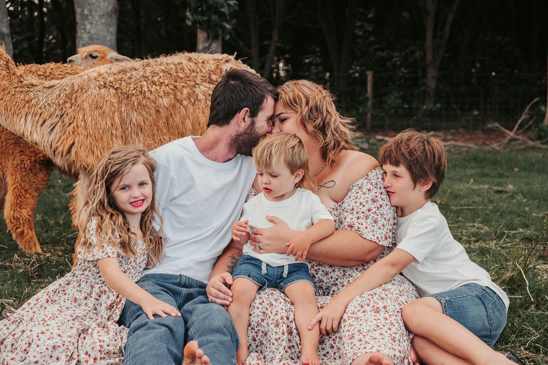Family of five with alpacas. Parents kissing, kids smiling. Outdoors, grassy area.