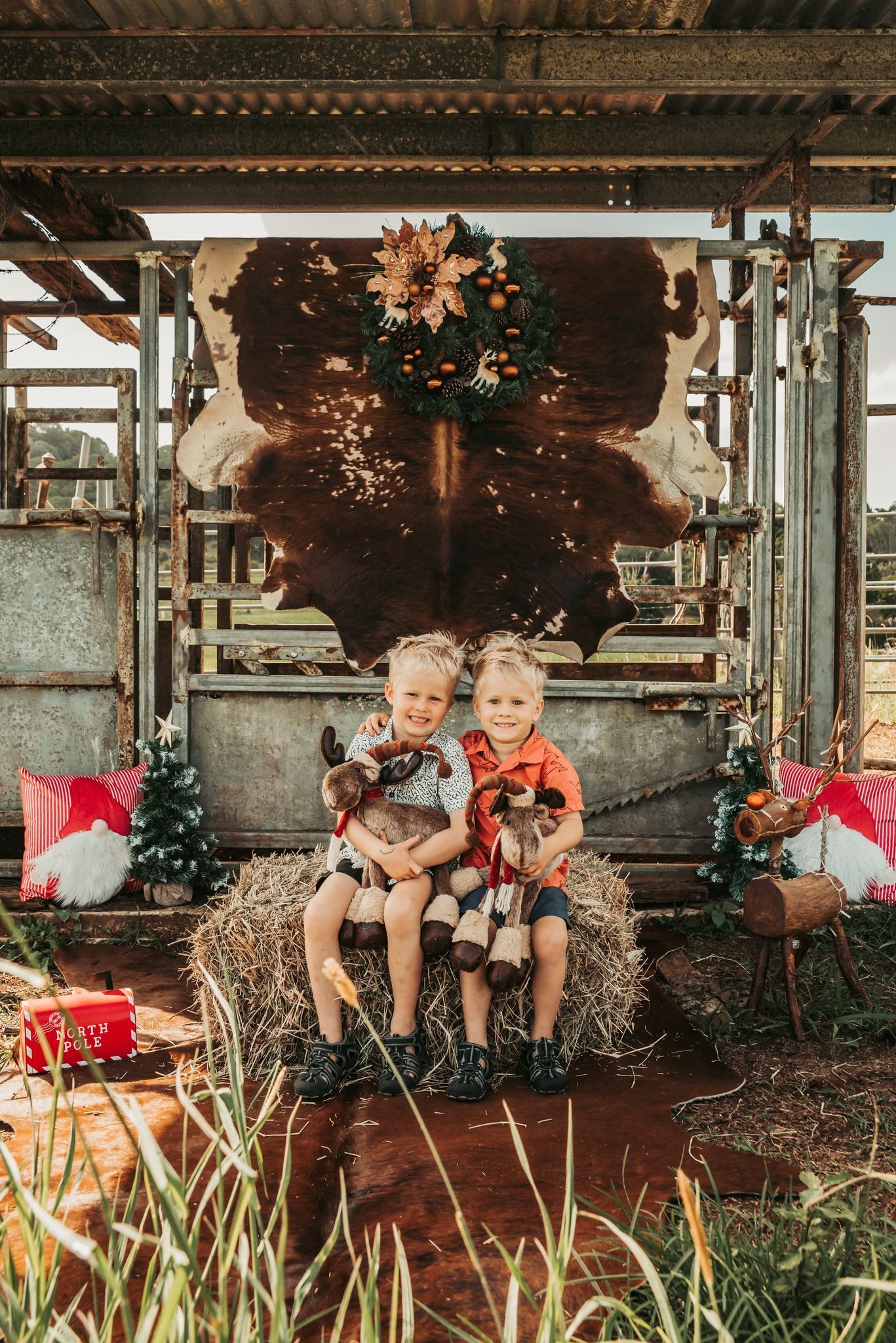 Two Children Sit on Hay Bales, Holding Puppies — Feathers & Lace Photography in Tarzali, QLD