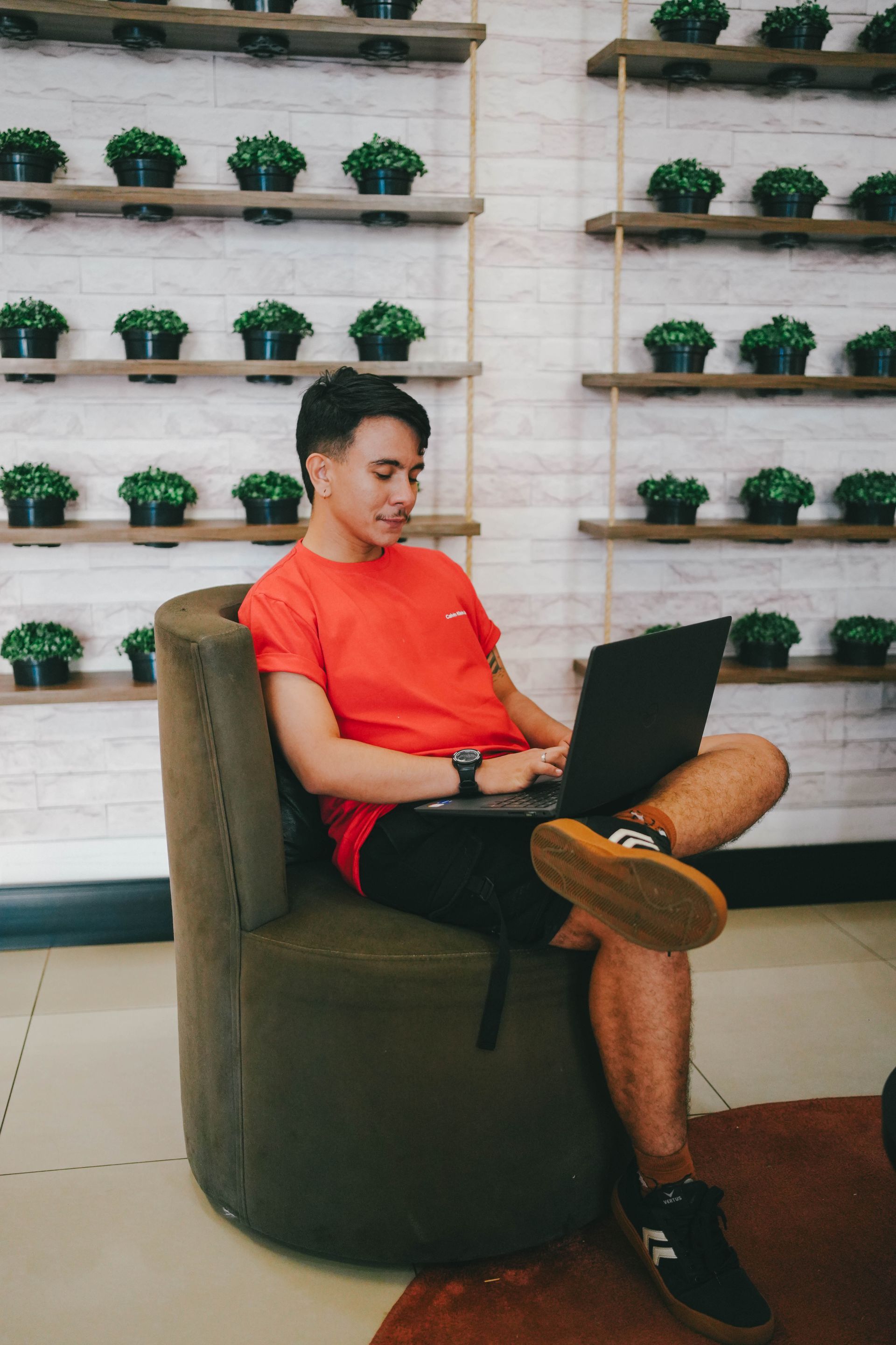 Homem usando um laptop sentado em uma cadeira verde, vestindo uma camisa vermelha e bermuda preta. Ao fundo, prateleiras com vasos de plantas.