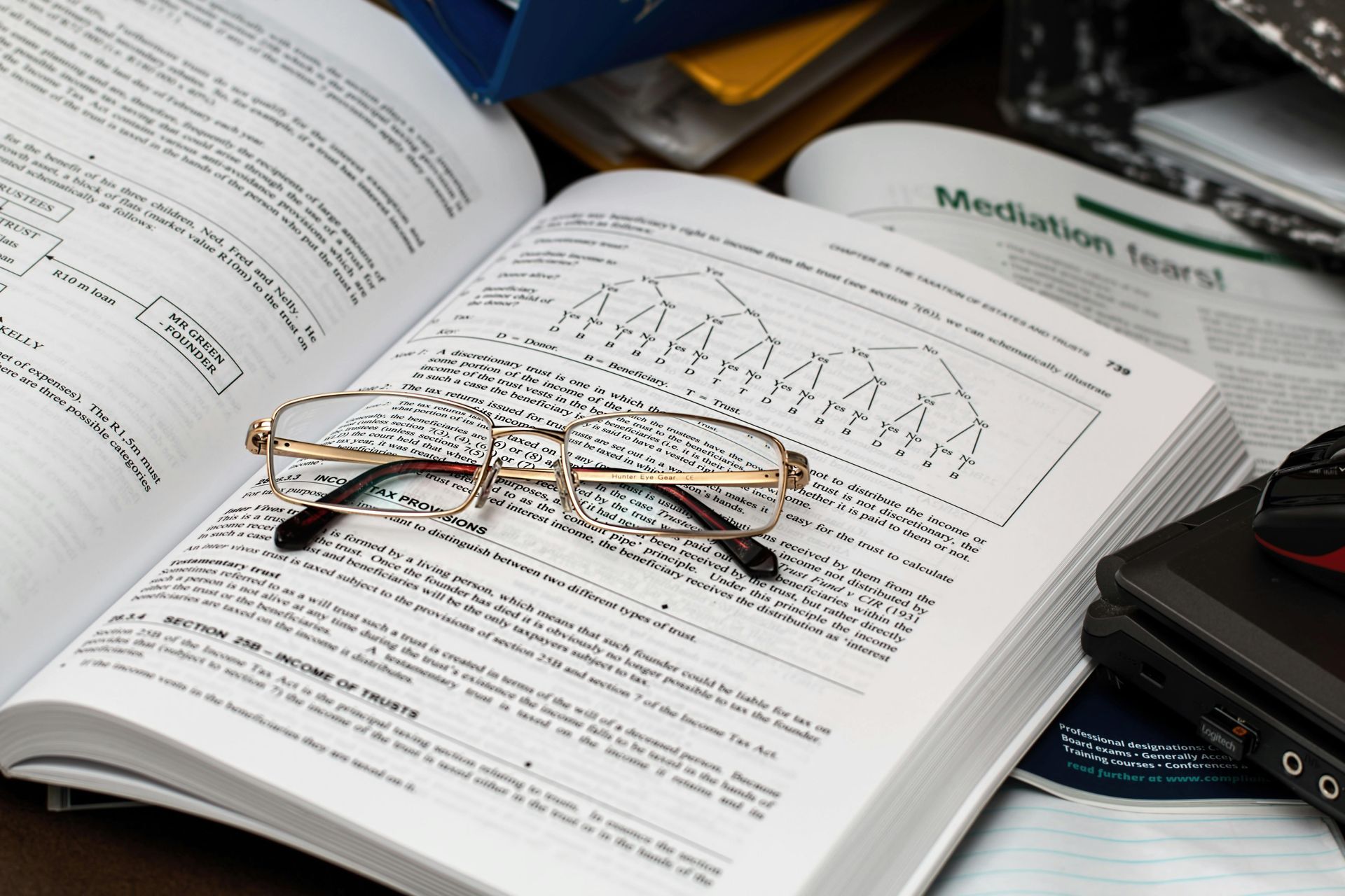 A pair of glasses sitting on top of an open book