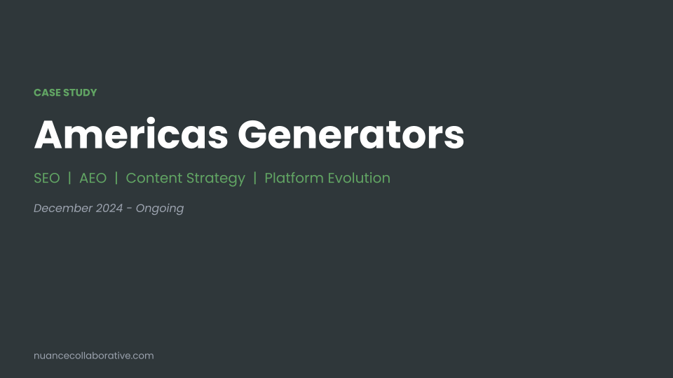 Case study title card: "Americas Generators" featuring SEO, AED, Content Strategy, and Platform Evolution. Dated 2024.