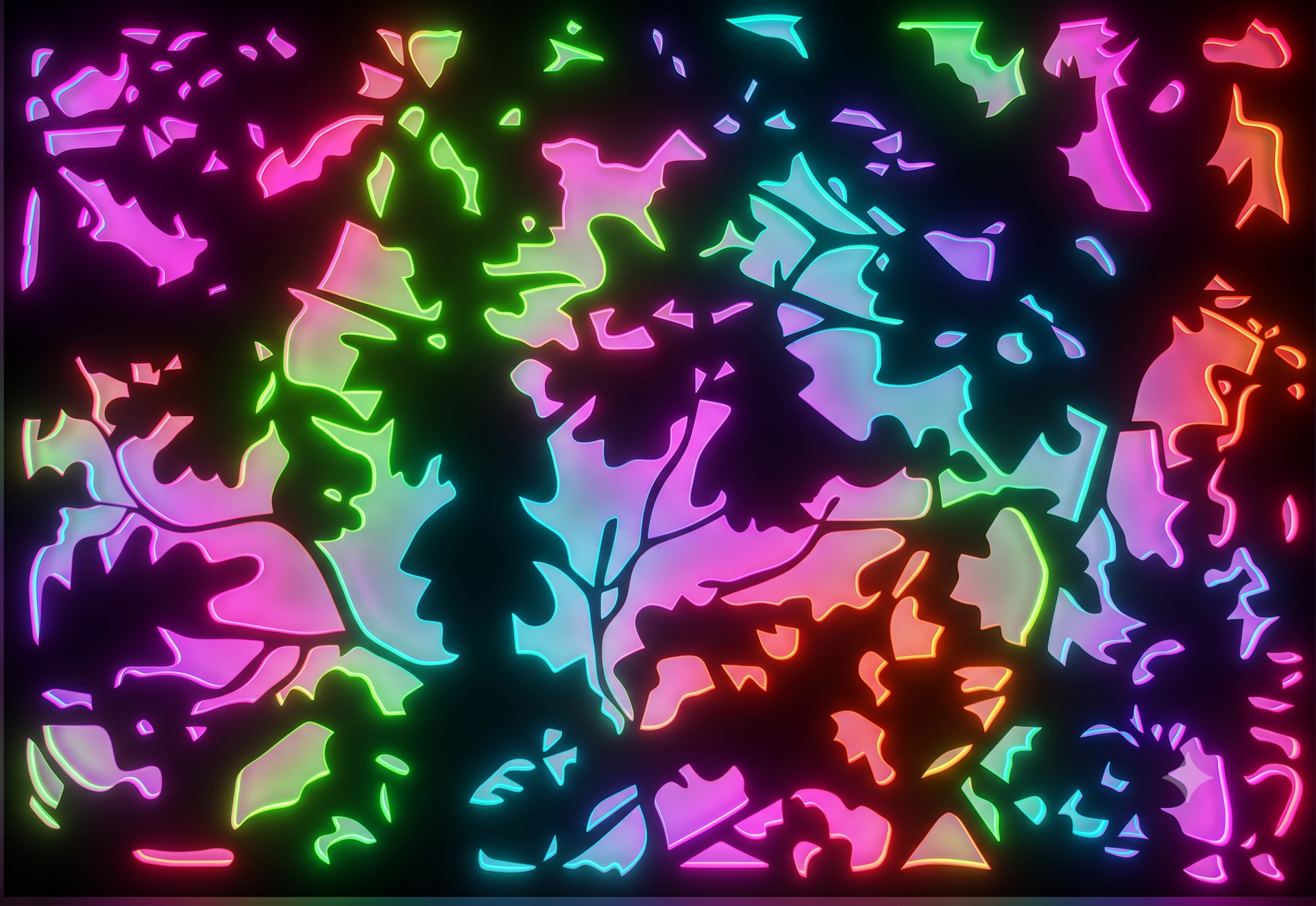 Abstract neon stained-glass pattern with colorful pink, green, blue, and orange shapes on a black background