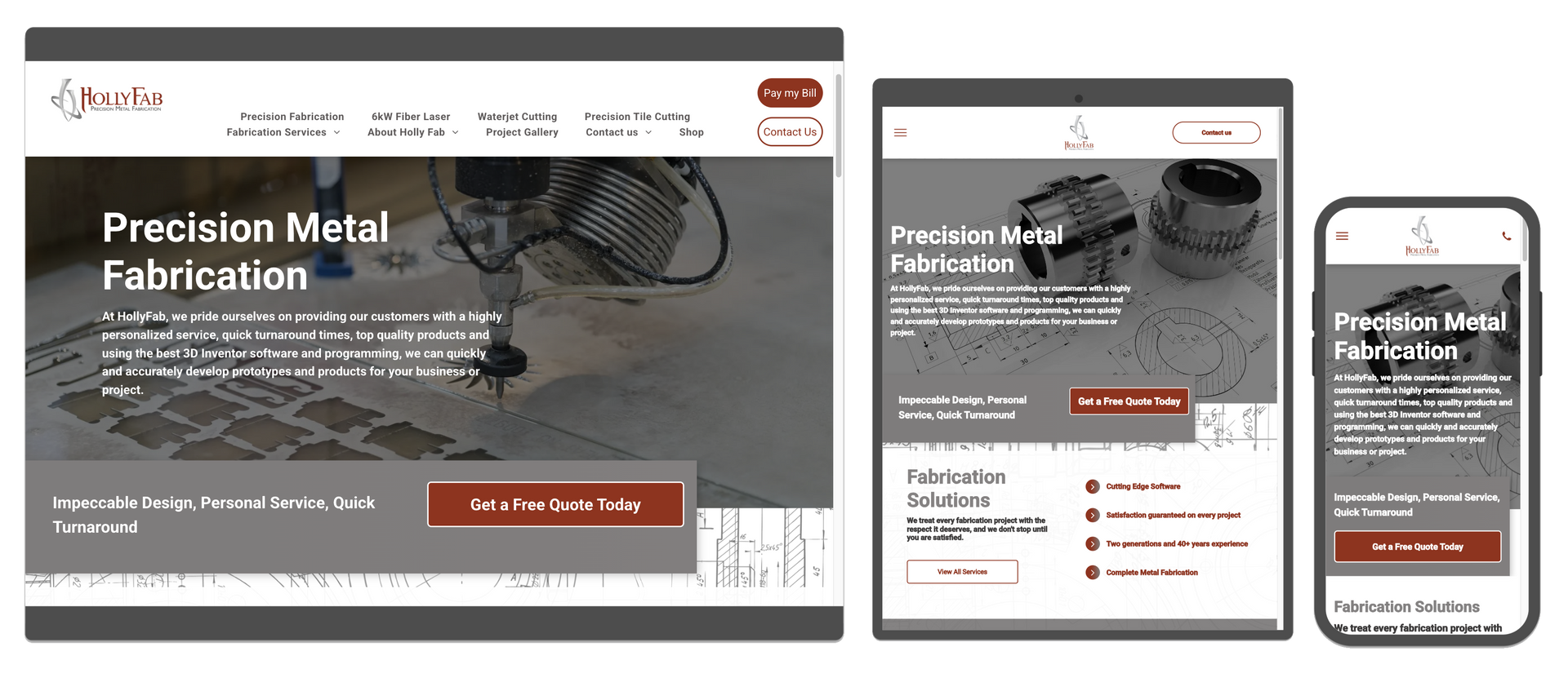 Website layout on desktop, tablet, and smartphone screens. Precision metal fabrication focus, with a brown call to action.