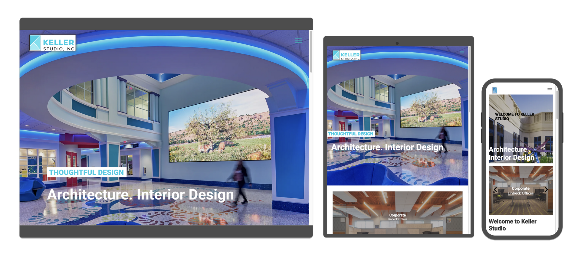 Website mockups: architecture and interior design displayed on a desktop, tablet, and mobile device.