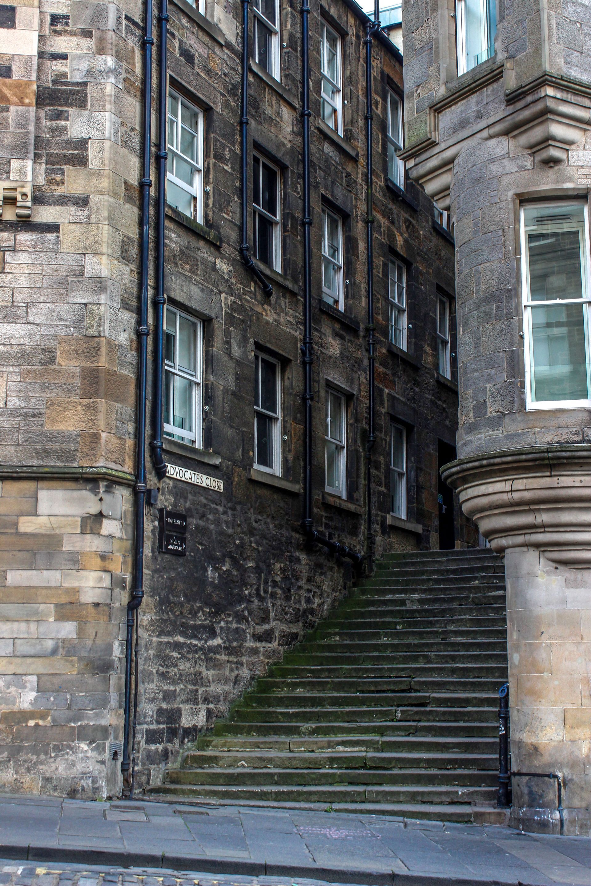 Steep stone steps in a narrow close in Edinburgh's Old Town