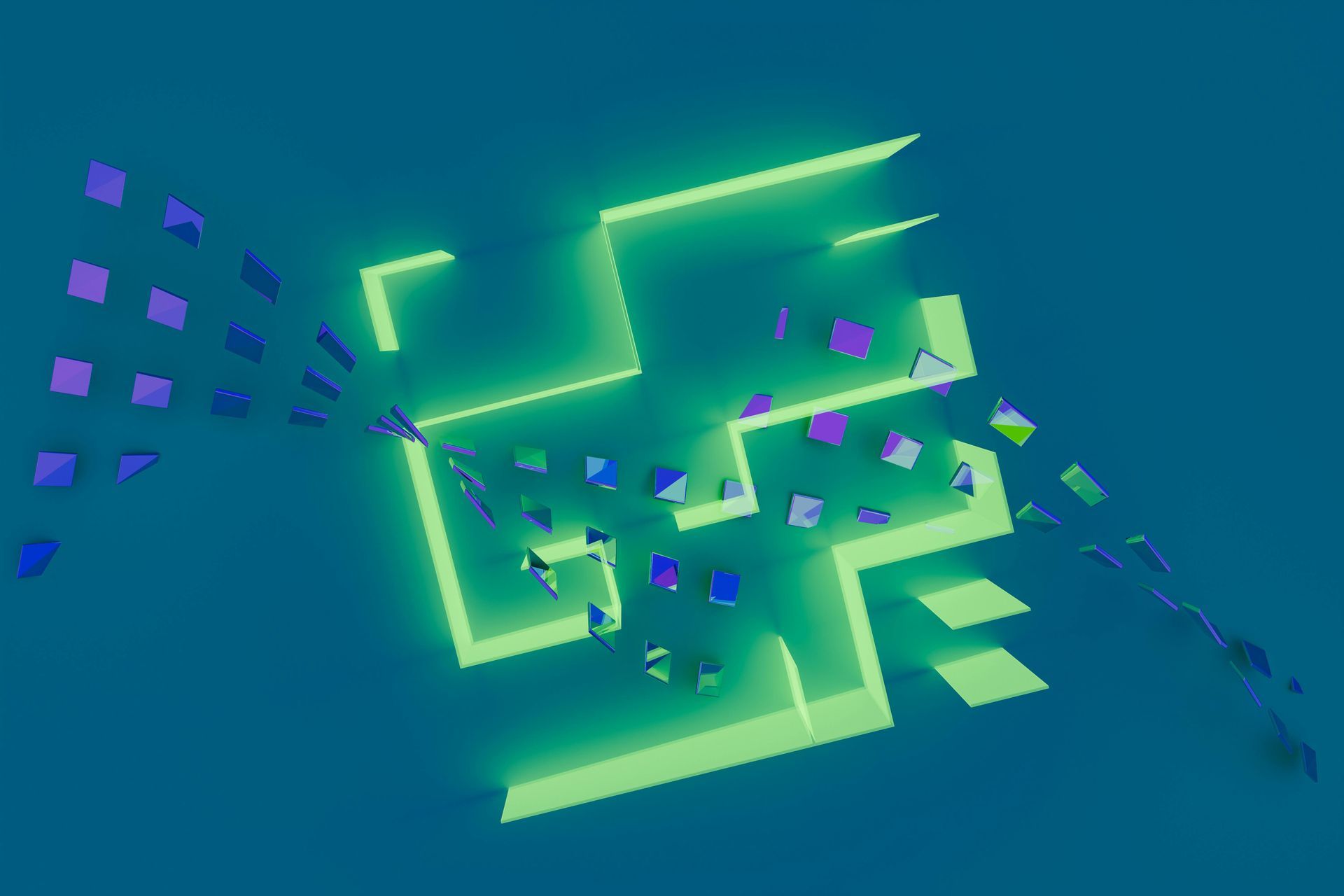Abstract neon green geometric shape with floating purple cubes on a blue background