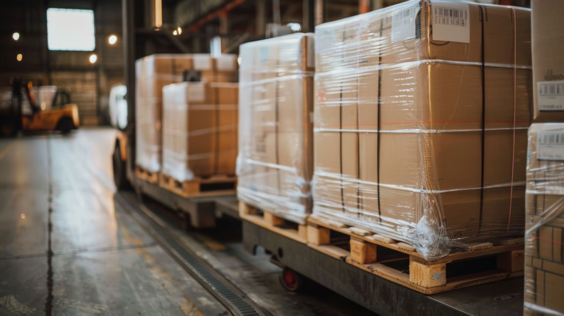 Boxes wrapped in plastic on pallets in a warehouse, a forklift in the blurred background.