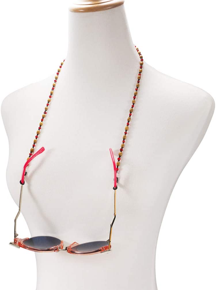 Een brillenkoord van houten kralen en oranje steentjes