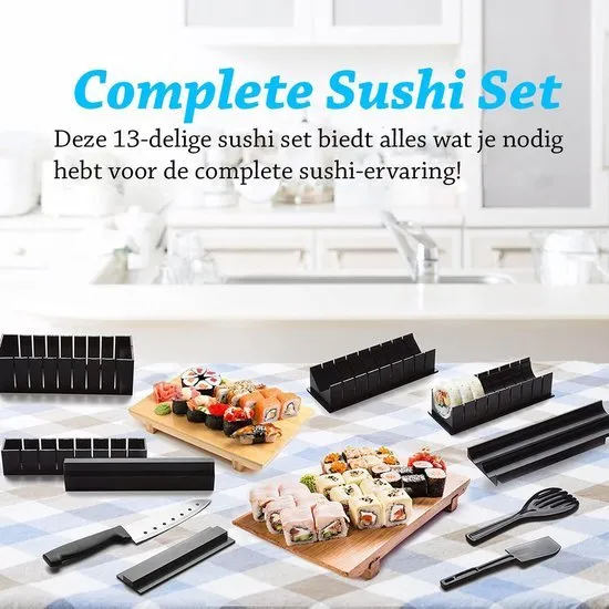 Een complete sushi set met tools en messen voor perfecte sushi