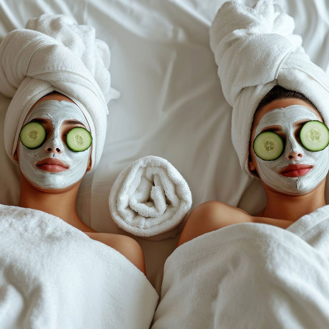 Two Women Are Laying In Bed With Cucumber Slices On Their Eyes — Chez Belle Skin Care & Beauty Centre in Pimlico, QLD