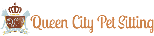 Logo for Queen City Pet Sitting, featuring a crown and lettering in a warm color palette.
