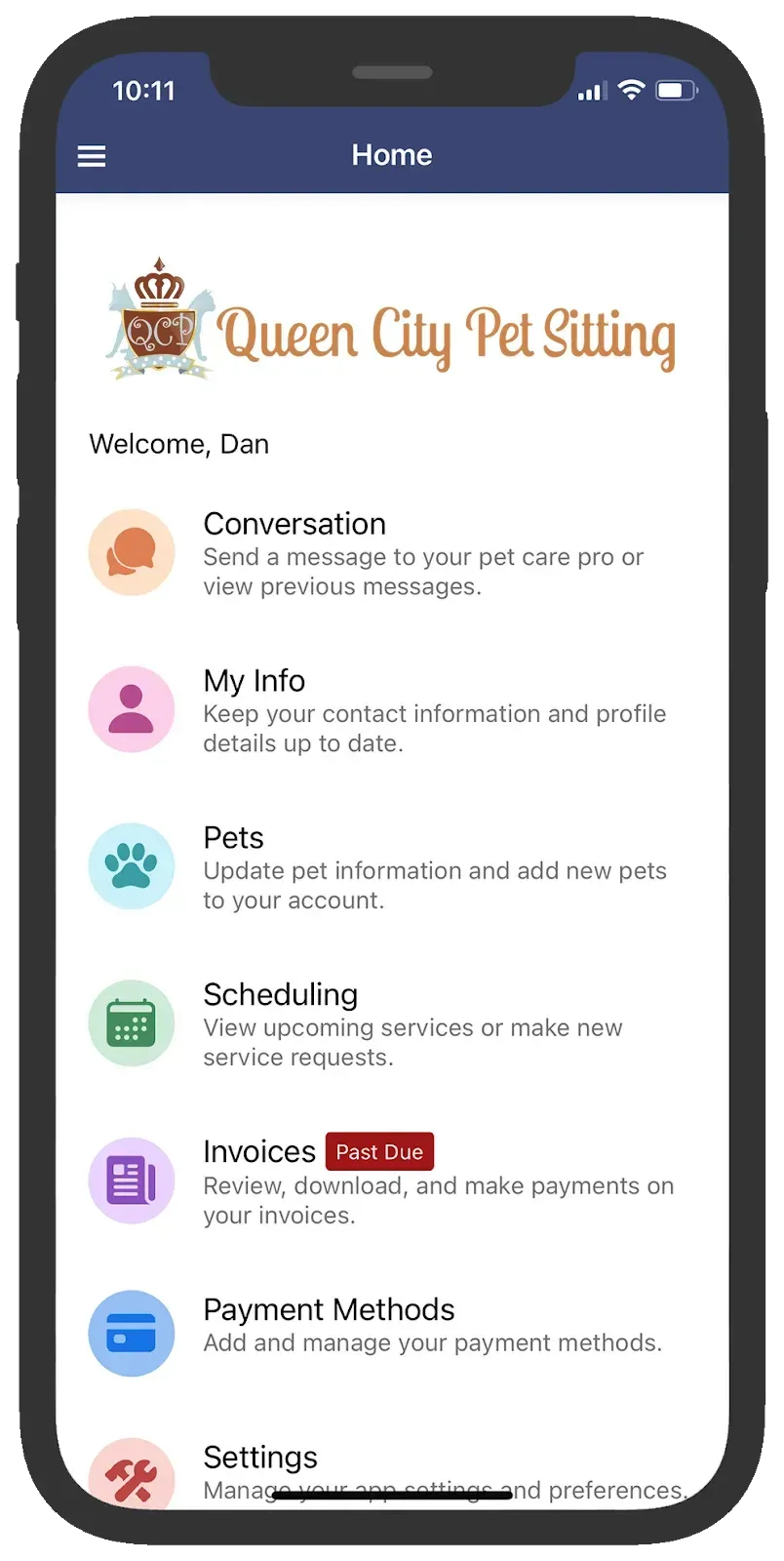 Mobile app interface for Queen City Pet Sitting, with menu options for conversation, pets, scheduling, invoices, and settings.