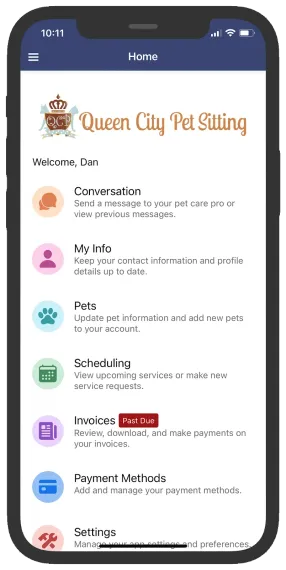 Mobile app interface for Queen City Pet Sitting, with menu options for conversation, pets, scheduling, invoices, and settings.