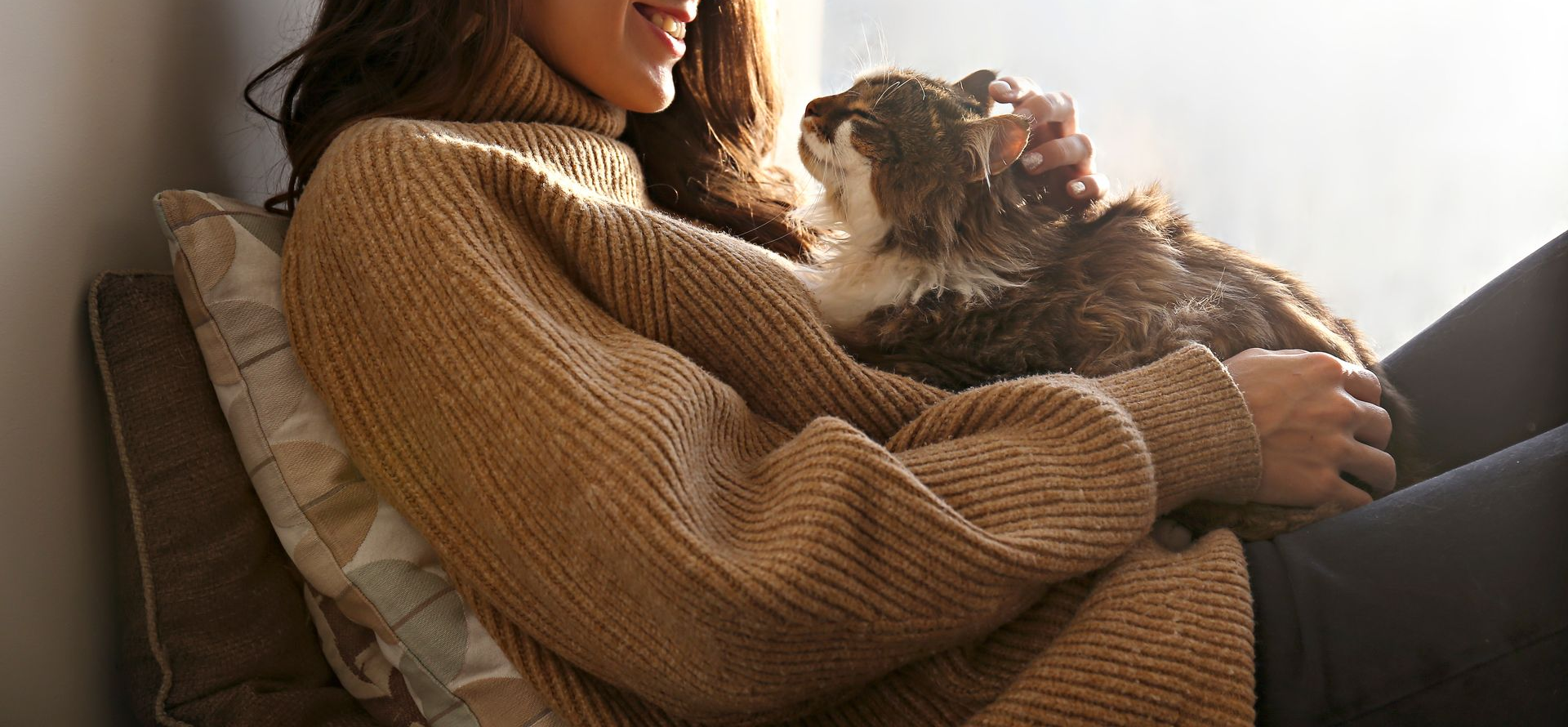 Woman in a brown sweater petting a fluffy cat. They are sitting by a window.