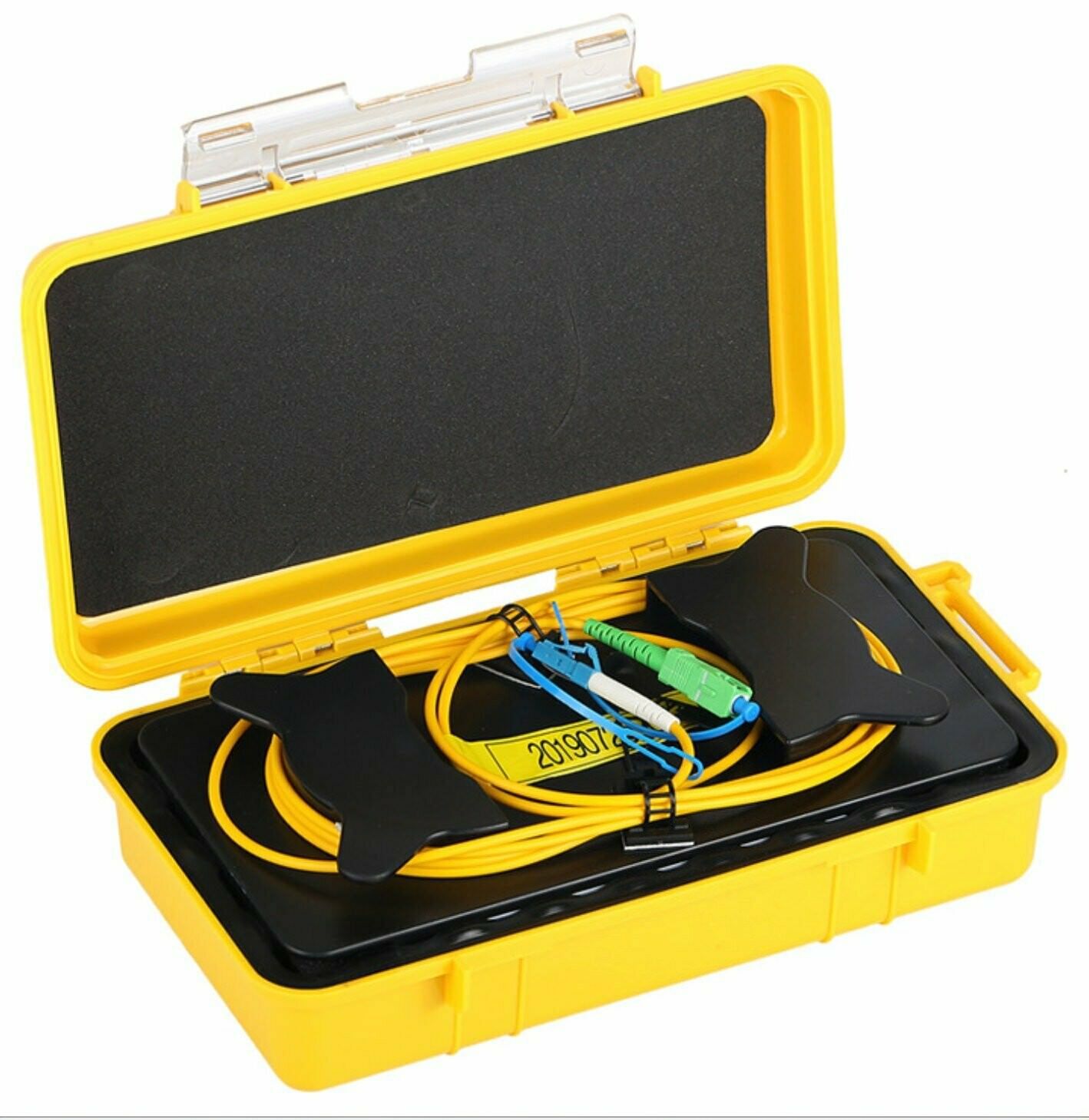 A yellow box with a few wires inside of it