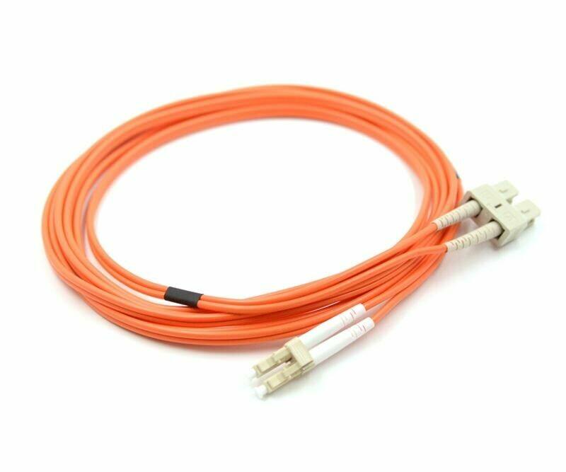 An orange optical cable with two connectors on a white background