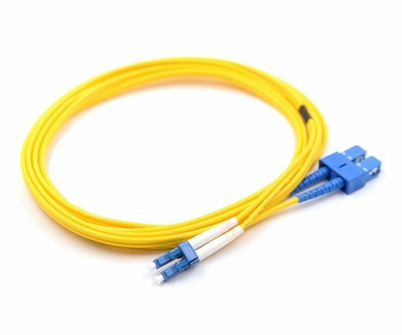 A yellow optical cable with two blue connectors