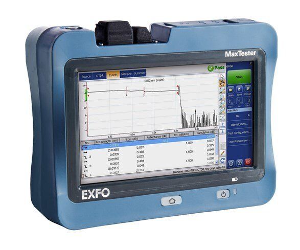 A blue expo device with a graph on the screen