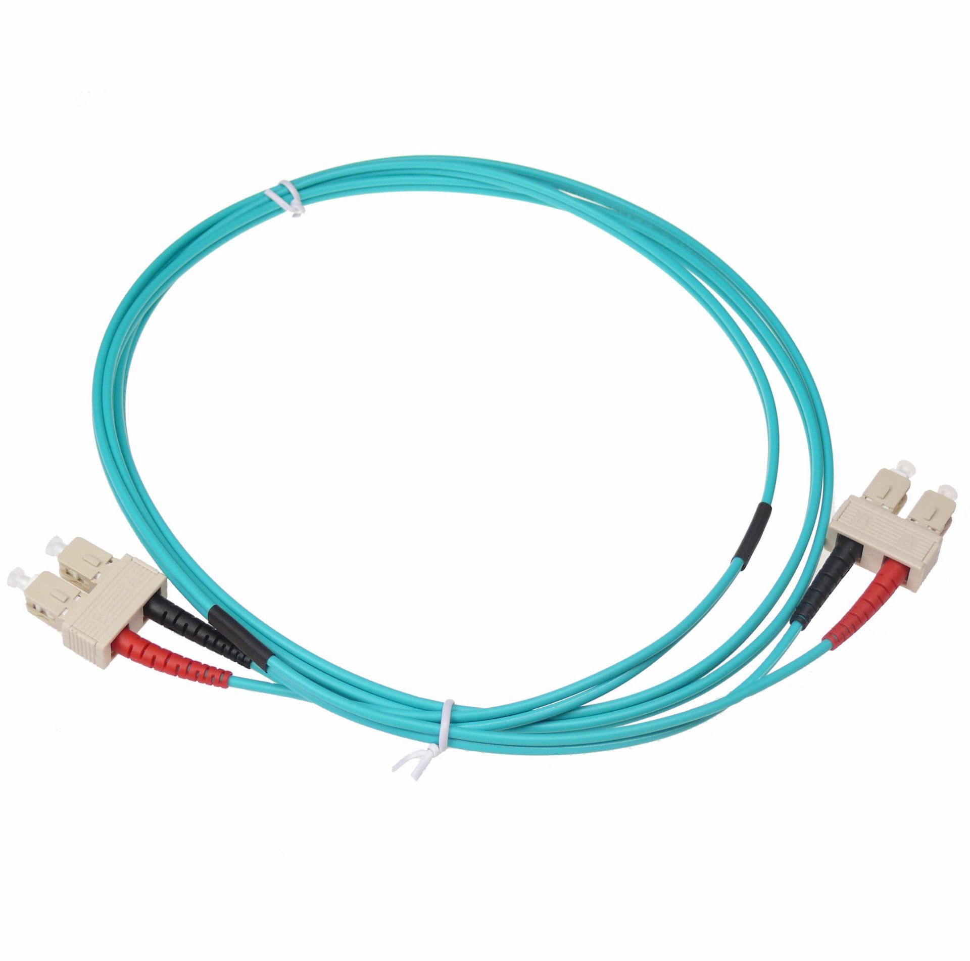 A pair of optical fiber cables with two connectors on a white background.