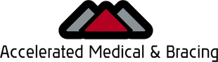 Logo for Accelerated Medical & Bracing with a red and black mountain icon