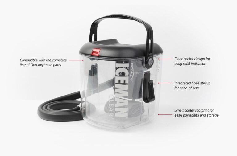 Clear portable vacuum canister with black lid and hose, labeled with product feature callouts.