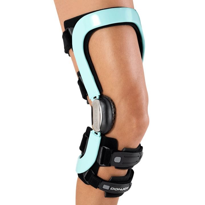Leg brace with light blue and black supports on a bent leg