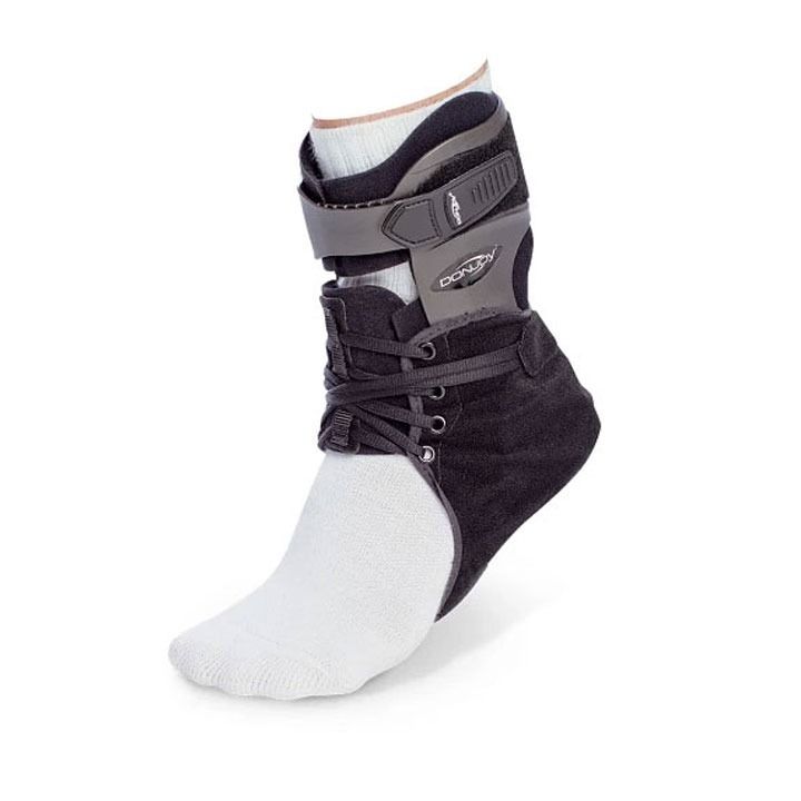 Gray and black ankle brace on a white background