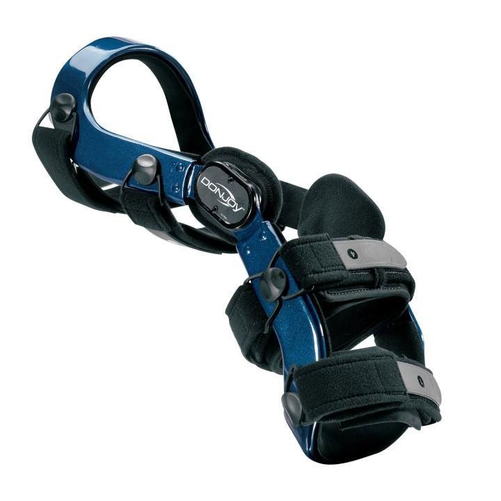 Blue-and-black adjustable medical wrist brace with hand support straps on a white background