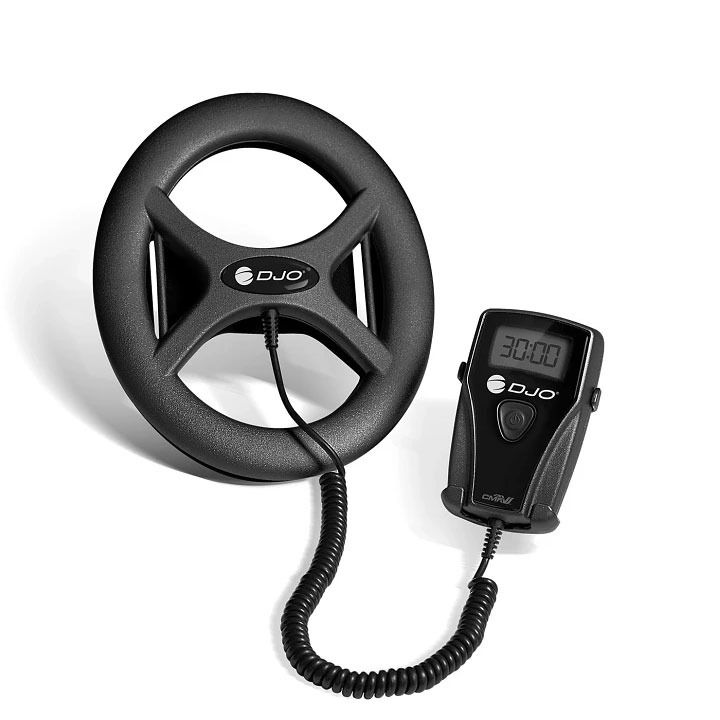 Steering wheel-mounted car device with handheld control, black with coiled cord