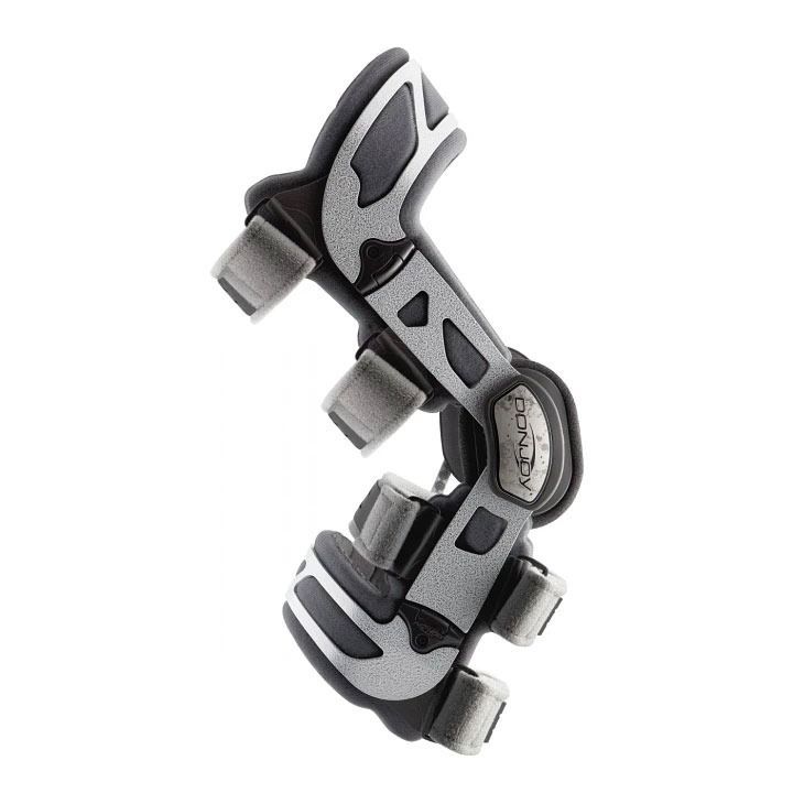 Gray-and-black orthopedic ankle brace with adjustable straps and metal hinges