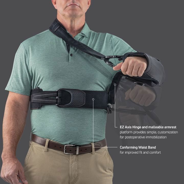 Man wearing black shoulder-and-waist support brace with arm strap, shown on gray background.
