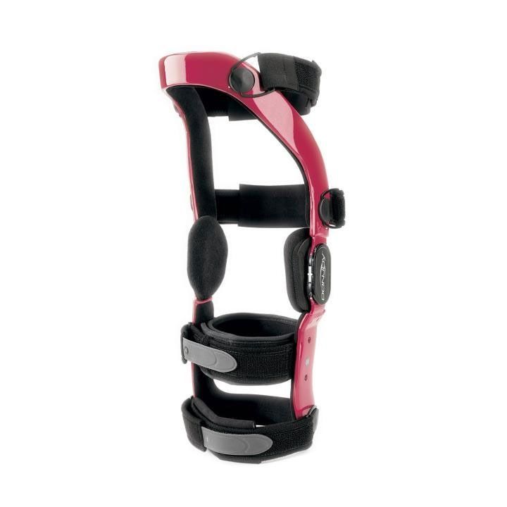 Black and red orthopedic knee brace with adjustable straps on a white background