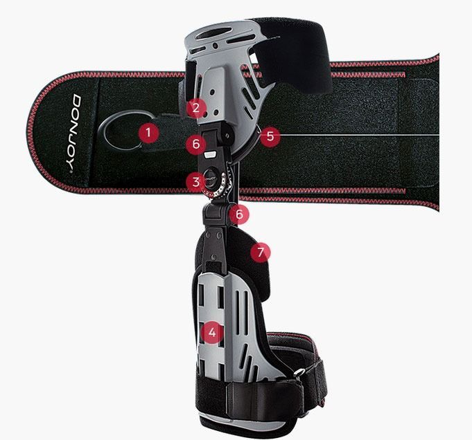 Orthopedic leg brace with silver hinges and black straps, shown with numbered fit points on a black support strap.
