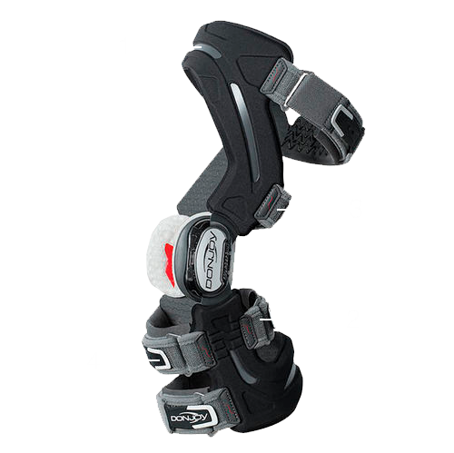 Black orthopedic knee brace with adjustable straps and hinge on a white background