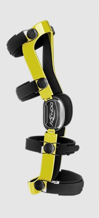 Yellow and black adjustable knee brace with straps and metal hinge clip-on support