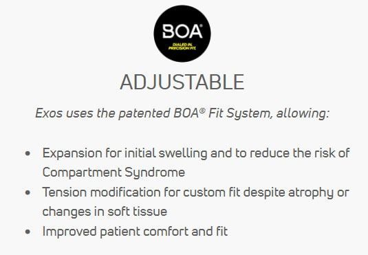 BOA Fit system ad on white background with logo, “ADJUSTABLE” headline, and bullet points about fit and swelling support