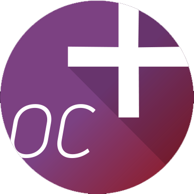 Purple circular logo with white plus sign and partial white letters on a red-purple background