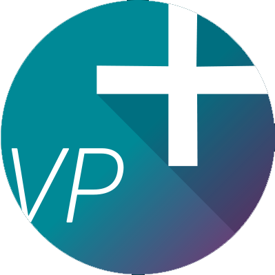 Teal and purple circular logo with white “VP” letters and a white plus sign in the upper right