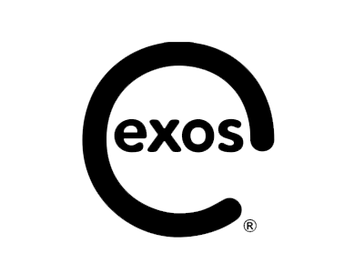 Exos logo: black stylized “C” surrounding the word “exos” on a white background