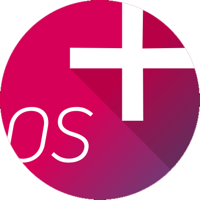 Magenta circular logo with white plus sign and partial white “OS” text