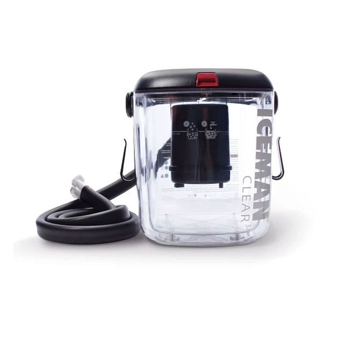 Clear plastic portable water filter with black lid and coiled hose on white background