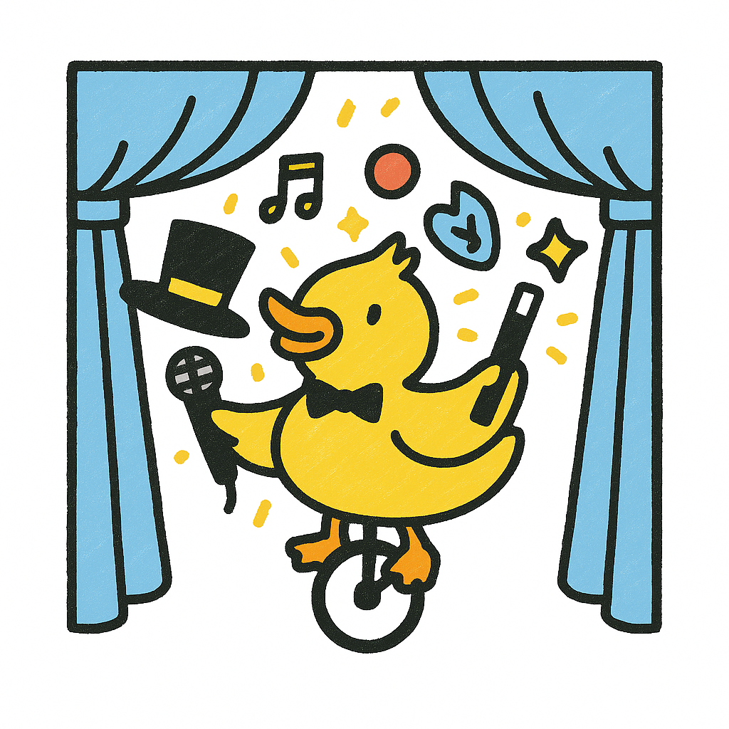 Duck on unicycle, performing on stage; wearing bow tie, holding wand and microphone.