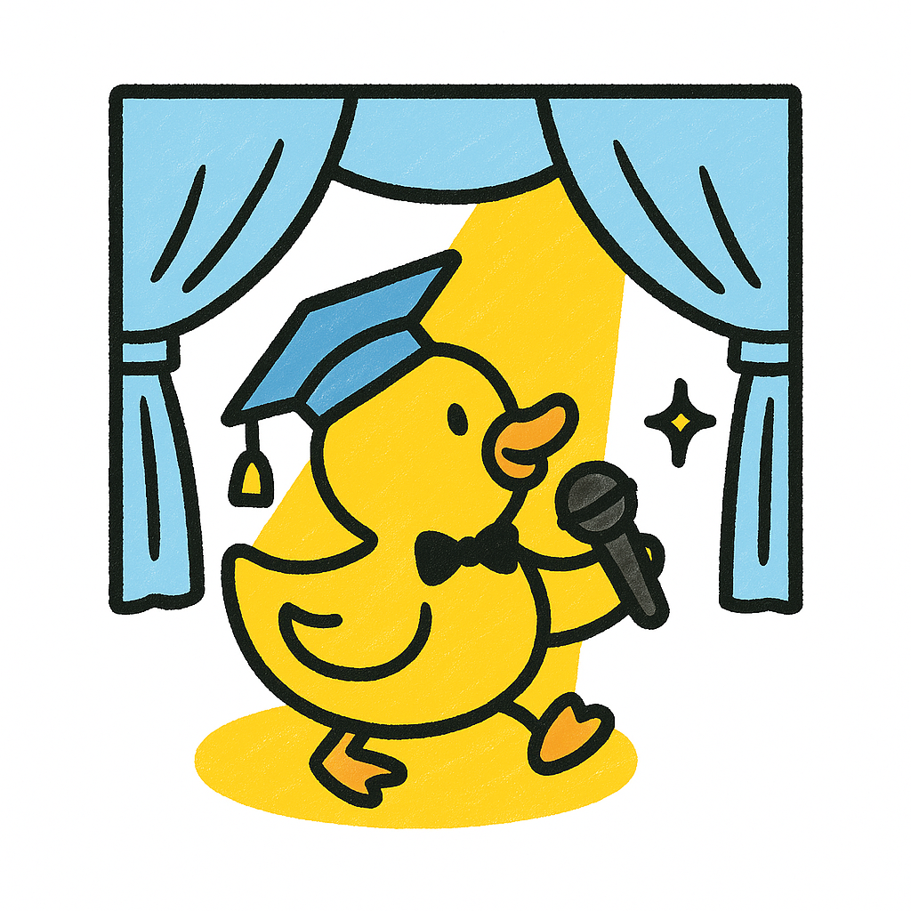Yellow duck in a graduation cap and bow tie sings into a microphone on stage with spotlight.