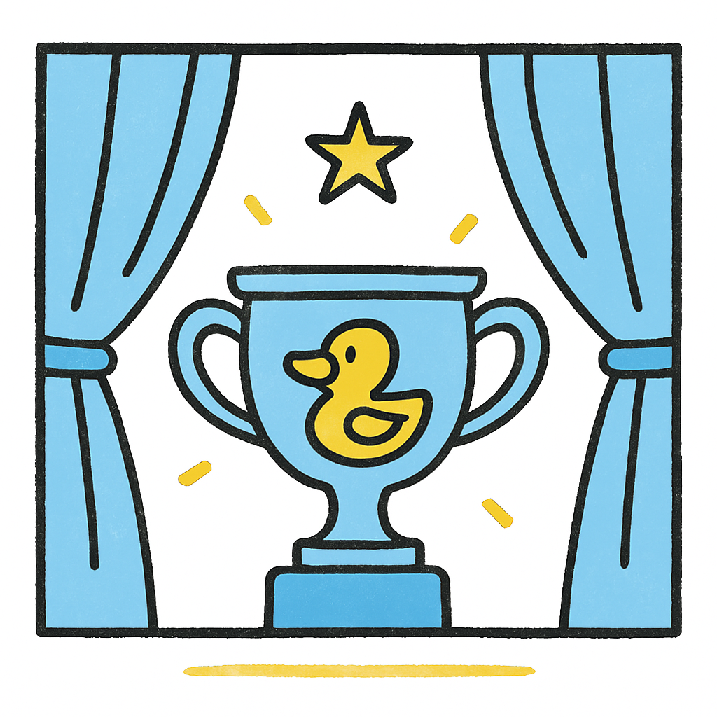 Blue trophy with a duck on it under a star, behind blue curtains.