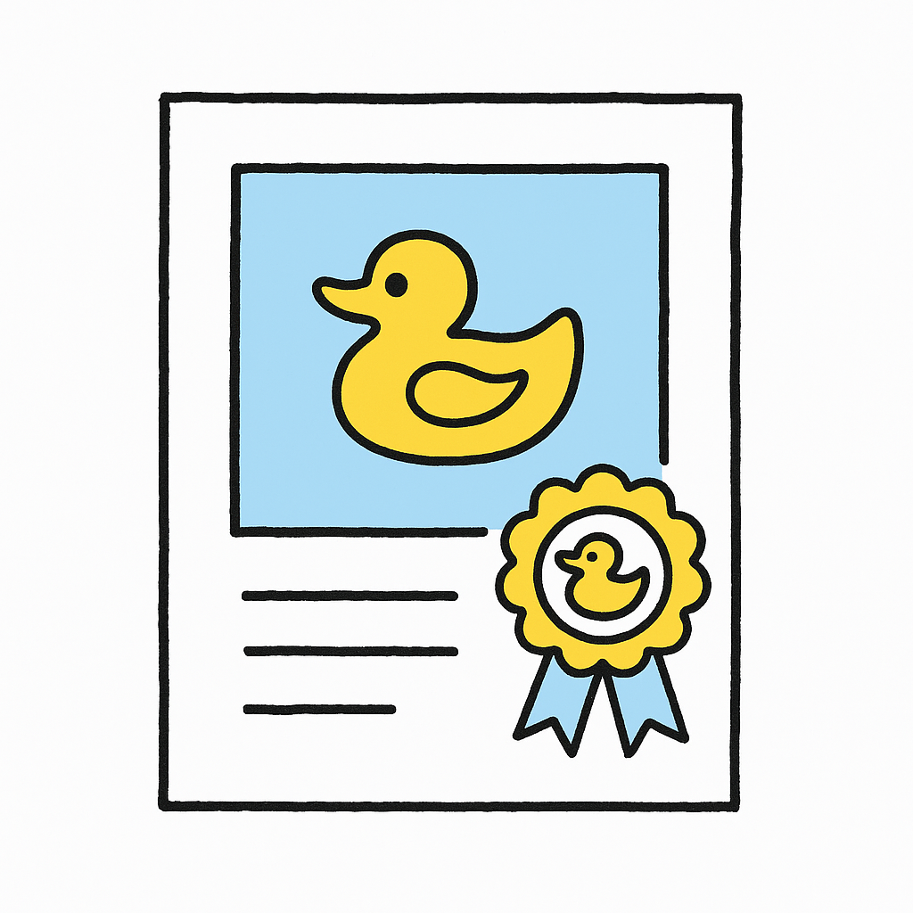 Certificate with a yellow duck illustration and a duck-themed award ribbon, on a blue background.